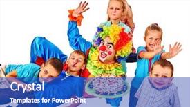  Presentation with children birthday - PPT theme enhanced with clown holding cake on birthday with group children isolated happy birthday with clown for children background and a cobalt blue colored foreground