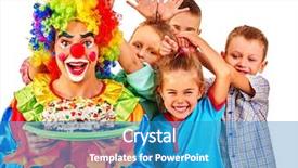  Presentation with children birthday - Presentation design with clown on foreground holding cake on birthday with group children isolated background and a teal colored foreground