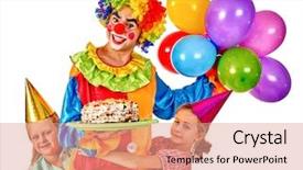  Presentation with children birthday - PPT theme with clown with baloon holding cake on birthday group children isolated background and a coral colored foreground