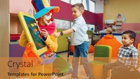  Presentation with play children - Amazing slide set having clown-with-joyful-children-play backdrop and a gold colored foreground