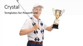  Presentation with gold trophy - Presentation consisting of club award - joyful senior golfer holding background and a white colored foreground