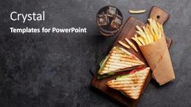  Presentation with food potato chips - PPT layouts having club-sandwich-potato-fries-chips background and a dark gray colored foreground