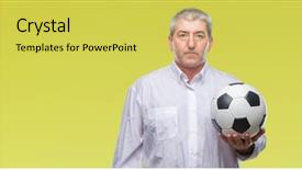  Presentation with soccer - Theme with clue - handsome senior man holding soccer background and a yellow colored foreground