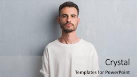  Presentation with face expression recognition - Slide deck having clue - young adult man standing background and a light gray colored foreground