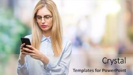  Presentation with thinking - Beautiful slides featuring clue - young beautiful blonde business woman backdrop and a soft green colored foreground