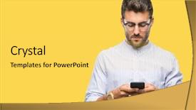  Presentation with texting while driving - Cool new PPT layouts with clue - young handsome man texting using backdrop and a yellow colored foreground