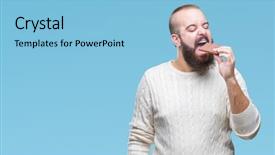  Presentation with snicker chocolate bar - Beautiful presentation theme featuring clue - young hipster man eating chocolate backdrop and a light blue colored foreground