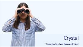  Presentation with confident young hispanic woman - Colorful PPT theme enhanced with clue - young hispanic woman holding binoculars backdrop and a sky blue colored foreground