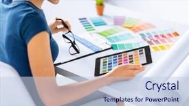  Presentation with working woman - Slide deck having cmyk - woman working with color samples background and a light blue colored foreground