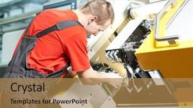  Presentation with cnc cutting machine - Presentation theme having nacc - mechanical worker of cnc grinding background and a coral colored foreground