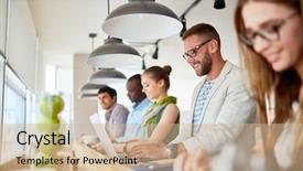  Presentation with business casual - Audience pleasing slide set consisting of co - row of casual business people backdrop and a coral colored foreground