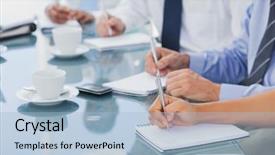  Presentation with taking notes - Colorful slides enhanced with co operation - business people hands taking some backdrop and a light blue colored foreground