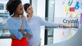  Presentation with sticky notes - Cool new theme with co teaching - female graphic designer pointing backdrop and a light blue colored foreground