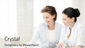  Presentation with working - Beautiful slide set featuring co teaching - picture of two businesswomen working backdrop and a sky blue colored foreground