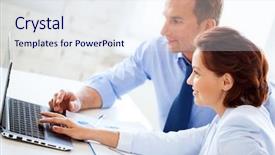  Presentation with teaching - Slide deck with co teaching - smiling businesswoman and businessman working background and a sky blue colored foreground