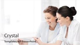  Presentation with laptop - PPT theme consisting of co teaching - two smiling businesswomen working background and a  colored foreground