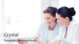  Presentation with laptop - PPT layouts consisting of co teaching - two smiling businesswomen working background and a  colored foreground