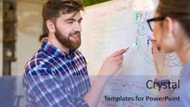  Presentation with young business people - Cool new slides with co teaching - young two people discussing backdrop and a teal colored foreground