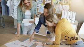  Presentation with working together - Slide set enhanced with co workers - fashion designers working together background and a coral colored foreground