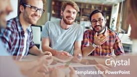  Presentation with small group working - Audience pleasing slide set consisting of co workers - group of male employees talking backdrop and a coral colored foreground