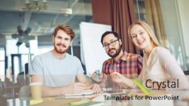  Presentation with partners - Beautiful slide set featuring co workers - group of three cheerful business backdrop and a soft green colored foreground