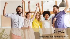  Presentation with victory team - Audience pleasing presentation design consisting of co workers - happy creative team celebrating victory backdrop and a coral colored foreground