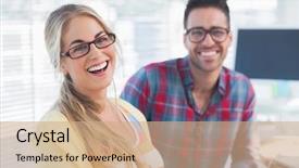  Presentation with pair of compass - PPT theme consisting of co workers - pair of smiling designers sit background and a coral colored foreground