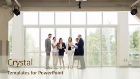  Presentation with team work - PPT theme featuring co workers - people technology work and corporate background and a soft green colored foreground