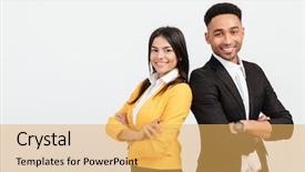  Presentation with team - Amazing slide set having co workers - picture of happy colleagues business backdrop and a yellow colored foreground