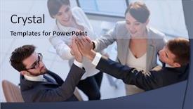  Presentation with giving - Amazing PPT theme having co workers - successful business team giving each backdrop and a light blue colored foreground