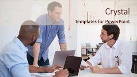  Presentation with three - Cool new slides with co workers - three young men discussing business backdrop and a lemonade colored foreground