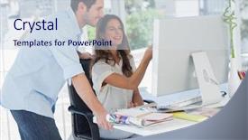  Presentation with computer configuration - Audience pleasing PPT theme consisting of co workers - two photo editors working backdrop and a sky blue colored foreground