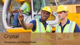  Presentation with bulldozer - Presentation featuring co-workers talking at construction background and a coral colored foreground