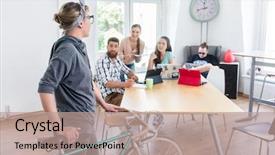  Presentation with commuter - PPT theme consisting of co-working space for independent background and a coral colored foreground