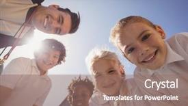  Presentation with coach chalk - PPT theme having coach and schoolkids in schoolyard background and a coral colored foreground