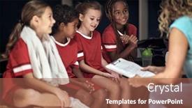  Presentation with coach - Colorful PPT theme enhanced with coach-discussing-with-kids-players backdrop and a red colored foreground
