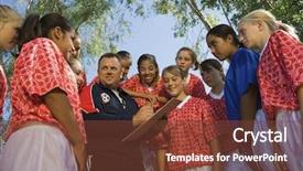  Presentation with soccer girls - Beautiful slide set featuring coach with girls' soccer team backdrop and a tawny brown colored foreground
