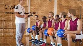  Presentation with basketball players - Beautiful presentation theme featuring coach interacting with basketball players backdrop and a coral colored foreground