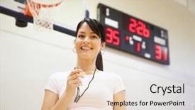 Presentation with coach - Cool new slide deck with scoreboard - female coach of high school backdrop and a lemonade colored foreground