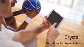  Presentation with basketball court - PPT theme with coach showing digital tablet background and a coral colored foreground