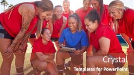  Presentation with tactics - Colorful presentation theme enhanced with coach-with-digital-tablet-discussing backdrop and a tawny brown colored foreground