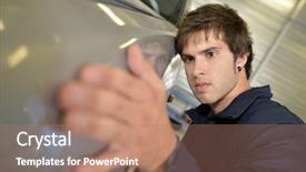  Presentation with automobile - PPT theme consisting of coachbuilding student working on automobile in garage background and a coral colored foreground