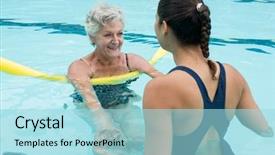  Presentation with swimming pool - Presentation design with helping senior woman in swimming background and a arctic colored foreground
