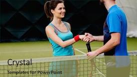  Presentation with tennis - Audience pleasing PPT theme consisting of coaching game - woman tennis player shaking hand backdrop and a yellow colored foreground