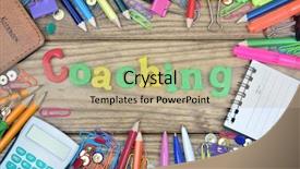  Presentation with coaching - Slide deck enhanced with coaching word and office tools on wooden table background and a coral colored foreground