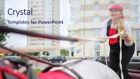  Presentation with residential - PPT theme featuring coachman blonde holds reins on trestles of couch with horse near residential buildings background and a sky blue colored foreground