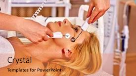  Presentation with anti aging - PPT theme featuring galvanized - young woman receiving electric galvanic background and a gold colored foreground