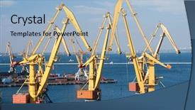  Presentation with sea port - Beautiful slide deck featuring coal vessel - sea port and cranes backdrop and a light blue colored foreground