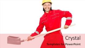  Presentation with coal mine - PPT theme enhanced with coal mine helmet - man in red coveralls background and a red colored foreground