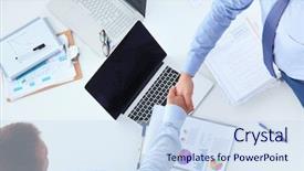  Presentation with shaking hands - Amazing PPT theme having coalition - business people shaking hands finishing backdrop and a  colored foreground